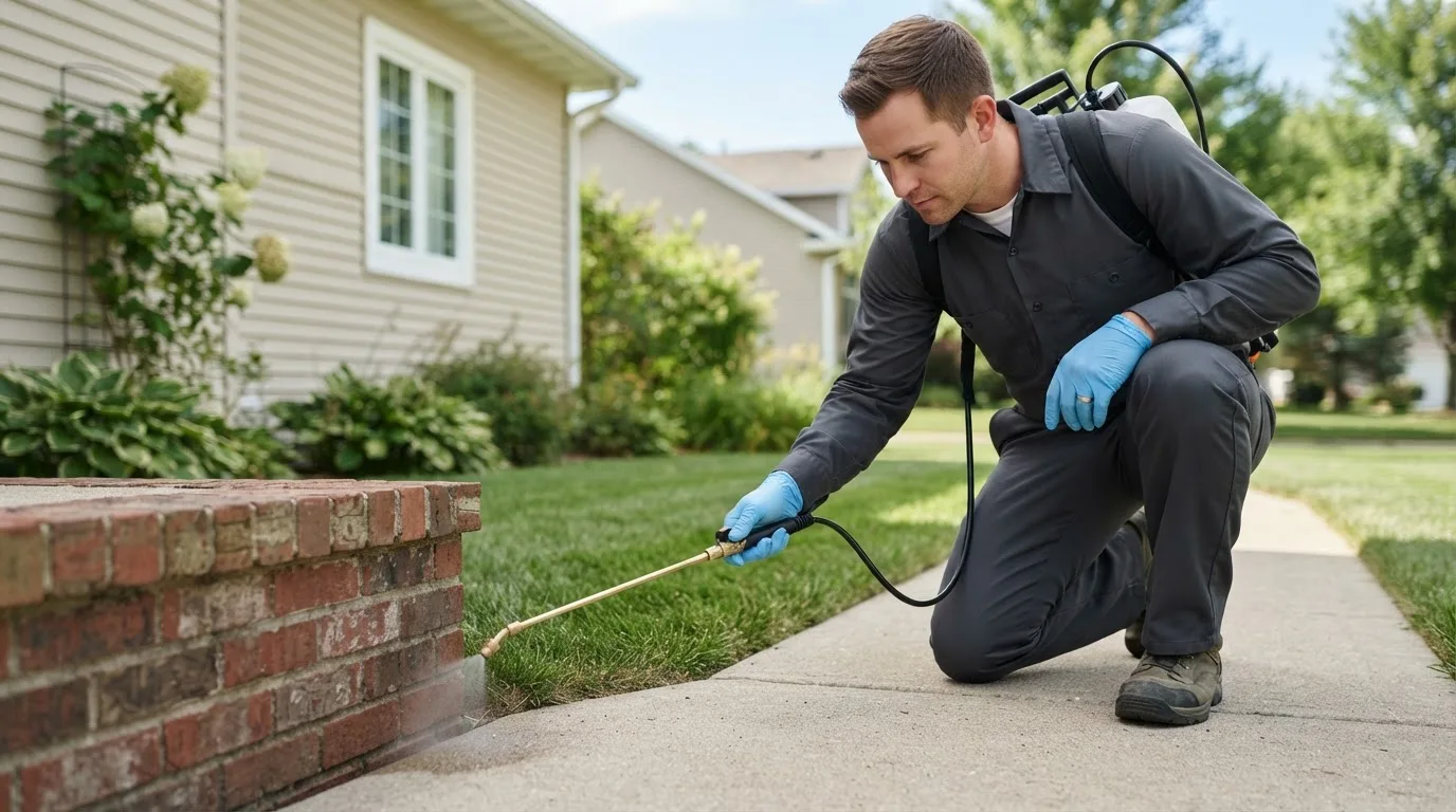 Pest control technician treating a home near Colcord, OK