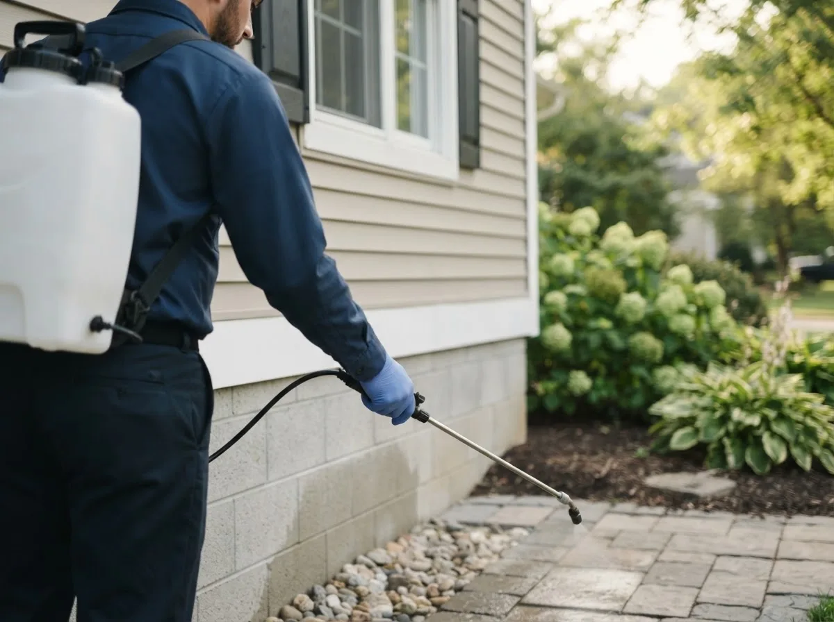 Pest control technician inspecting a home in Colcord, OK